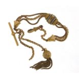 Victorian gold and silver coloured metal watch chain with T bar and tassel, 24cm in length, 13.5g :