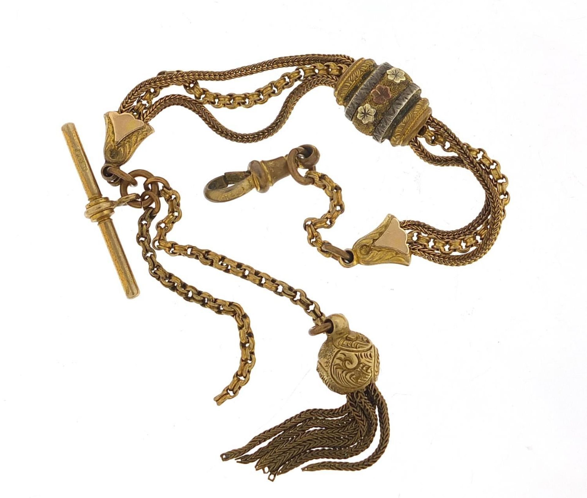 Victorian gold and silver coloured metal watch chain with T bar and tassel, 24cm in length, 13.5g :