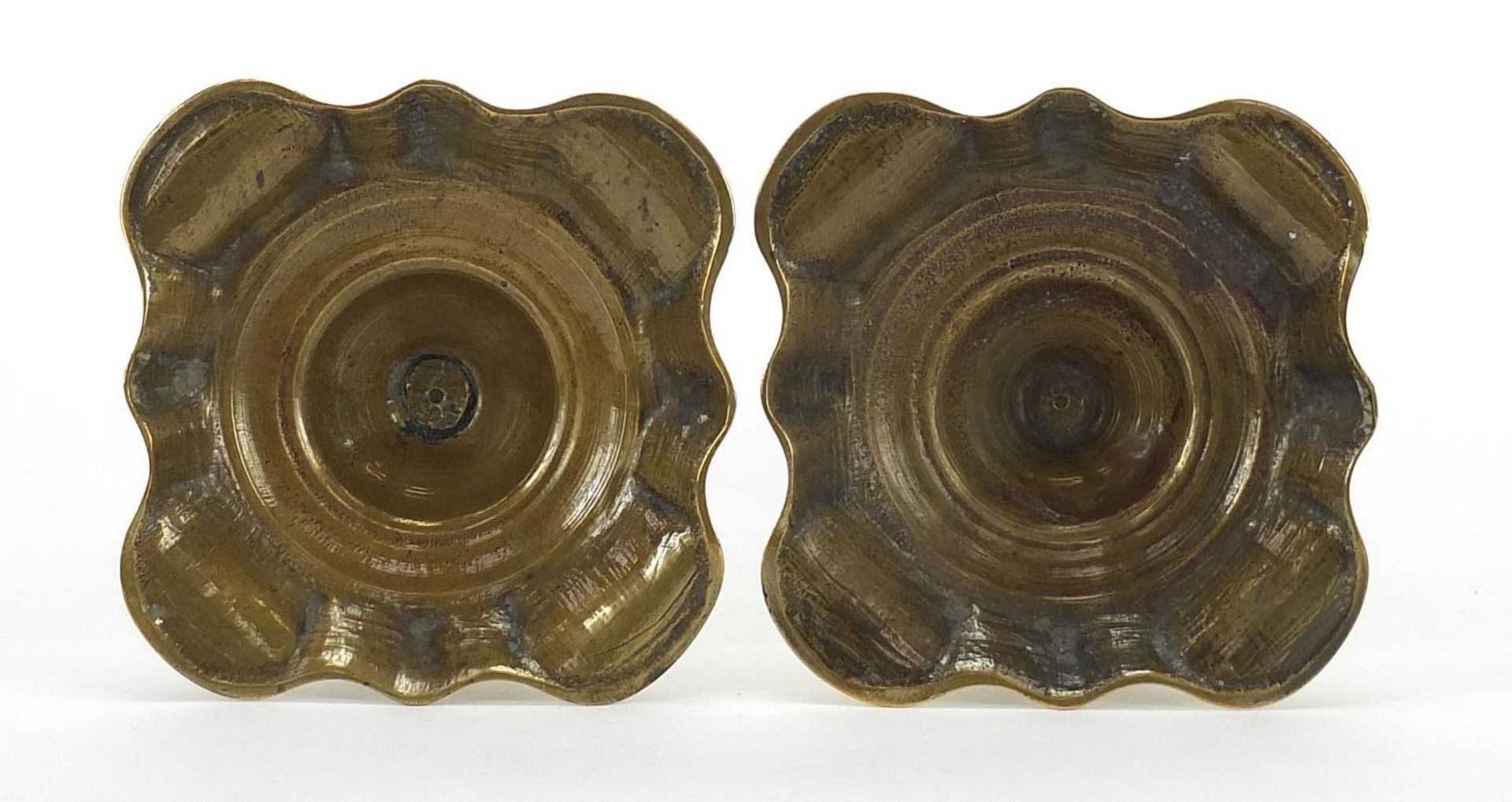 Pair of 18th century brass candlesticks, each 20.5cm high : - Image 3 of 3