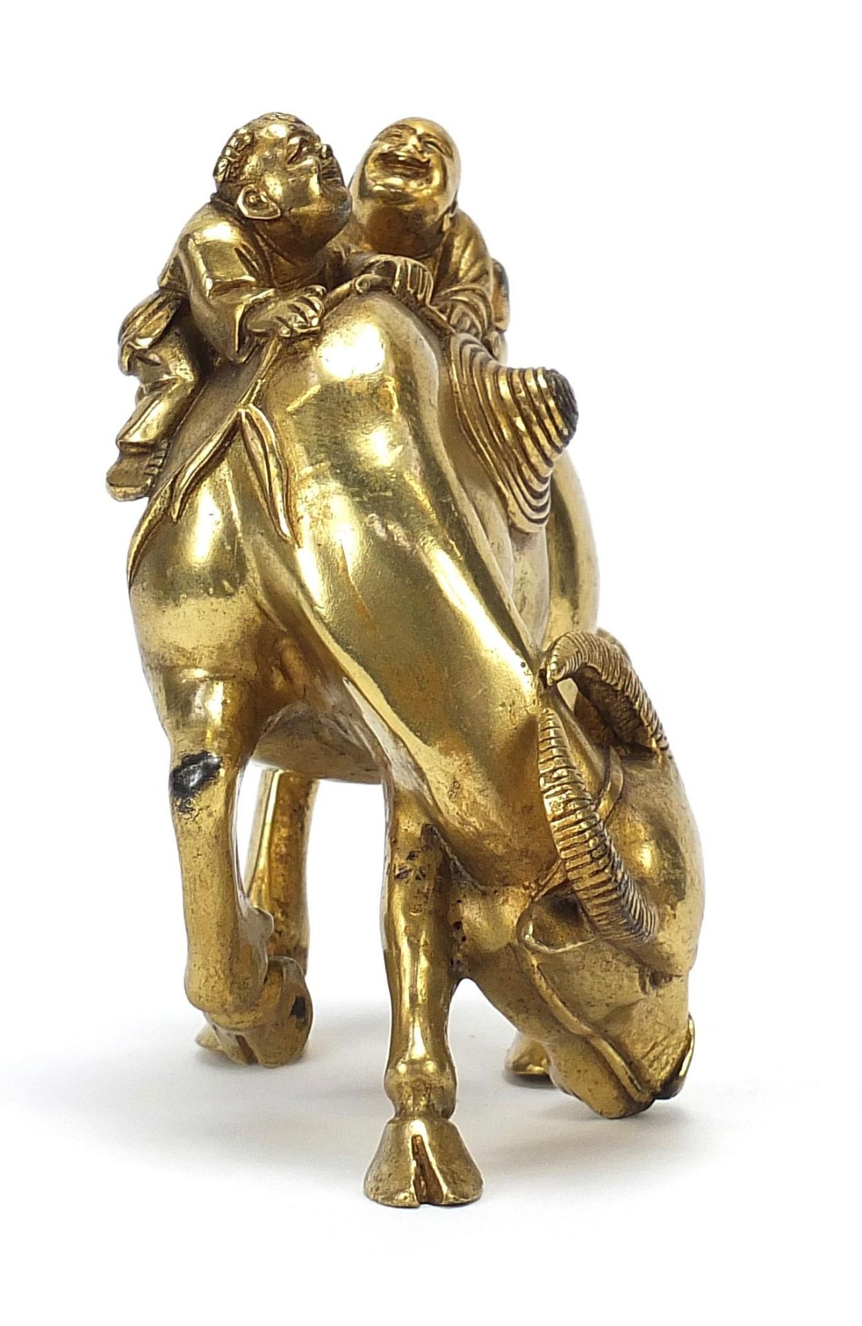 Chinese gilt bronze figure of two boys on a water buffalo, 14cm high : - Image 2 of 6