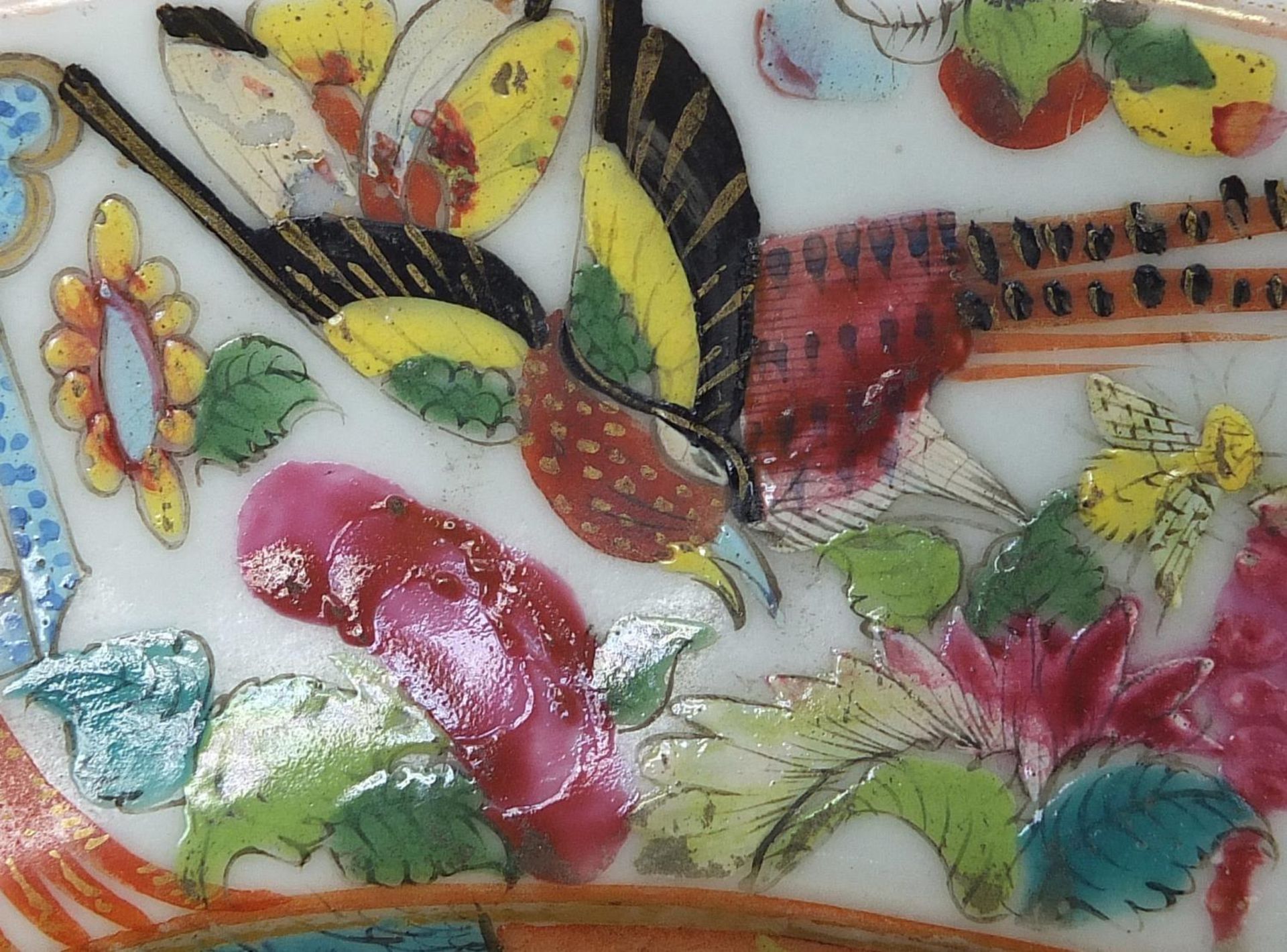 Chinese Canton porcelain platter finely hand painted in the famille rose palette with figures in a - Image 4 of 6