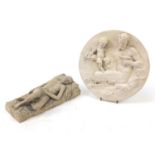 Modernist sculpture of a reclining nude female and a plaster roundel of a faun, the largest 29cm
