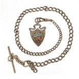 Graduated silver watch chain with T bar and enamelled jewel, 45cm in length, total 54.5g :