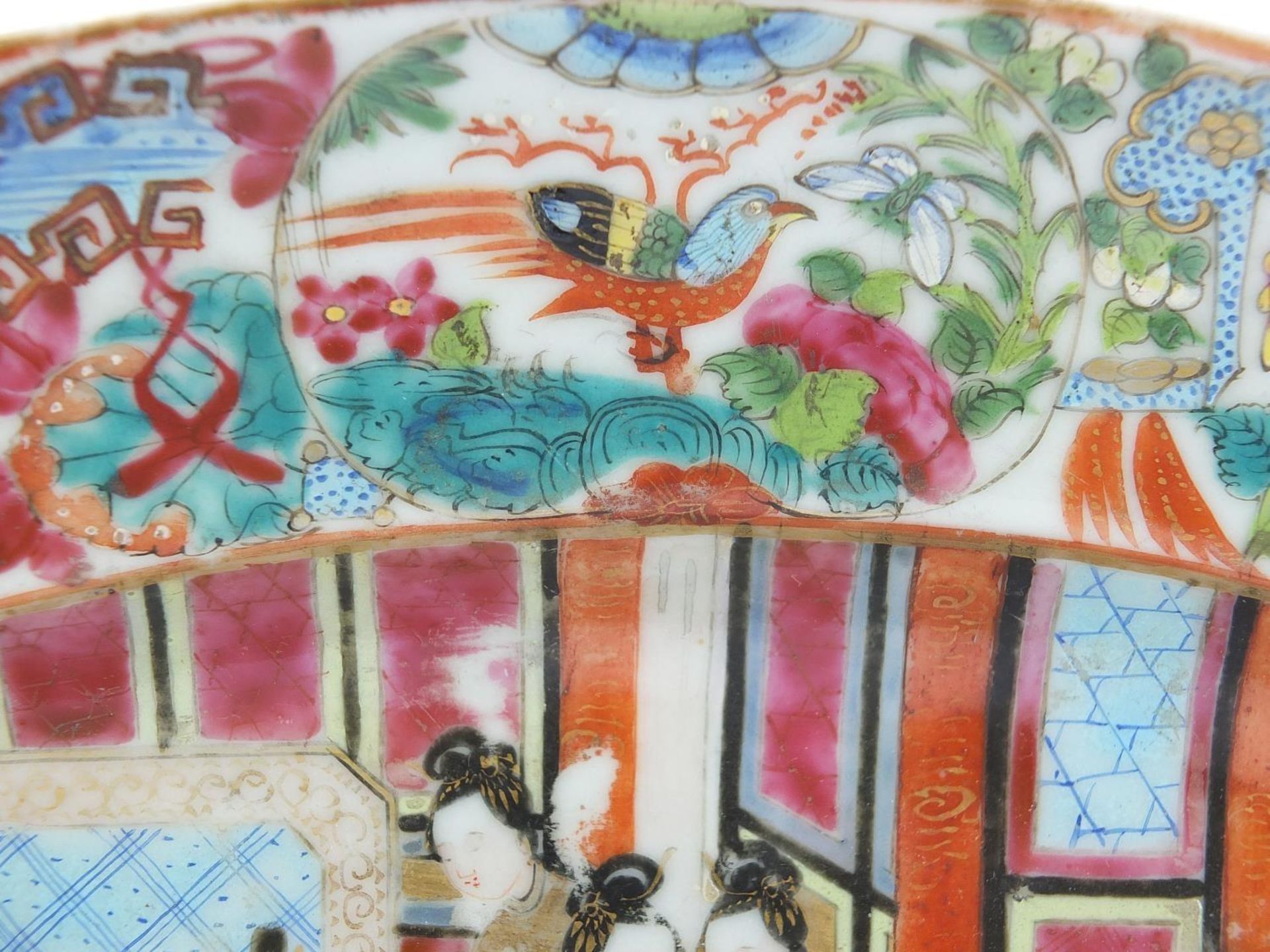 Chinese Canton porcelain platter finely hand painted in the famille rose palette with figures in a - Image 3 of 6