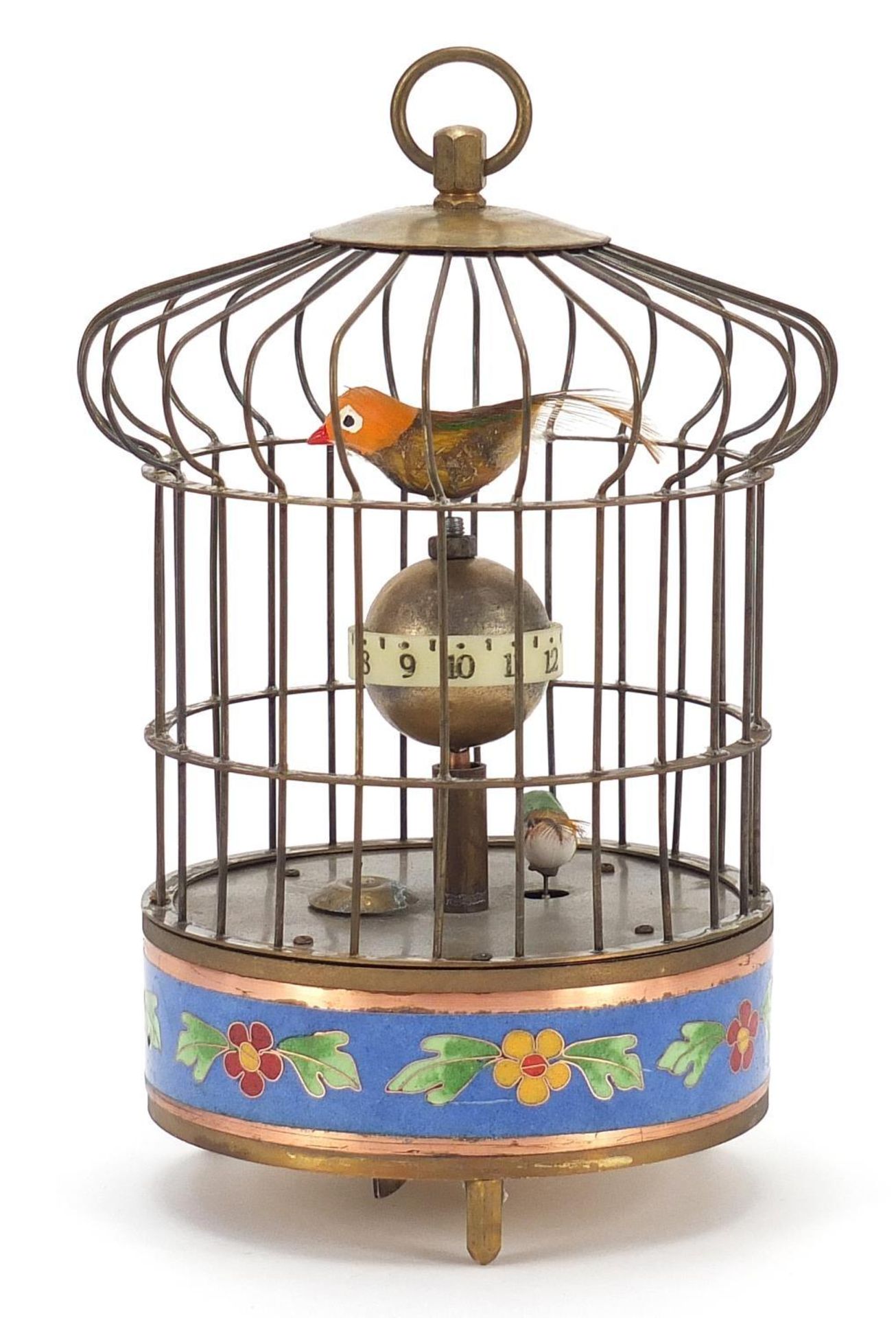 Brass clockwork automaton bird cage alarm clock with cloisonné band, 21cm high : - Image 2 of 3