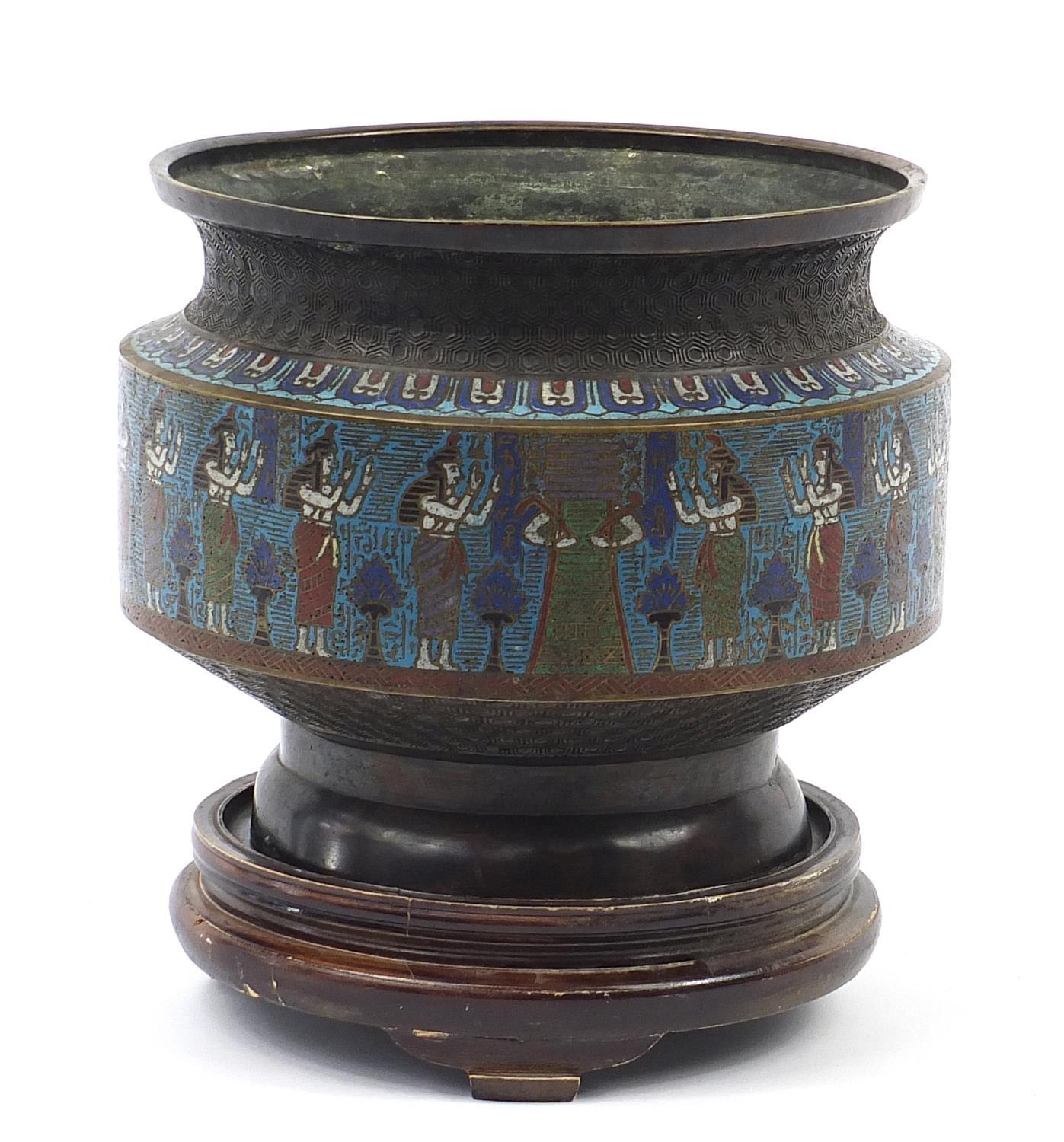 Large Chinese Egyptian revival cloisonné planter on carved hardwood stand, overall 30.5cm high x - Image 3 of 8