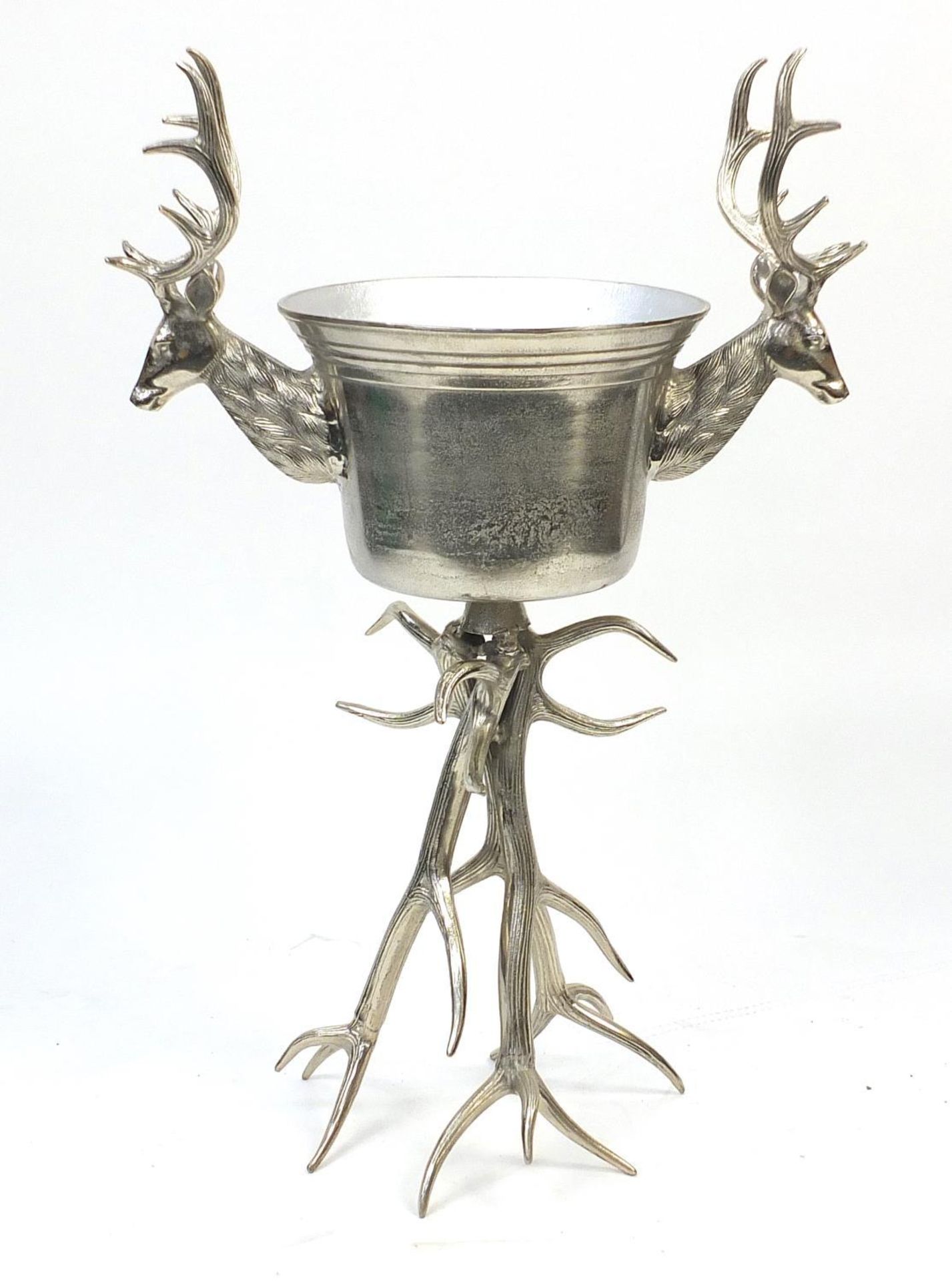 Silvered staghorn design floor standing ice bucket with stag's heads, 104.5 high x 70cm wide : - Image 4 of 4