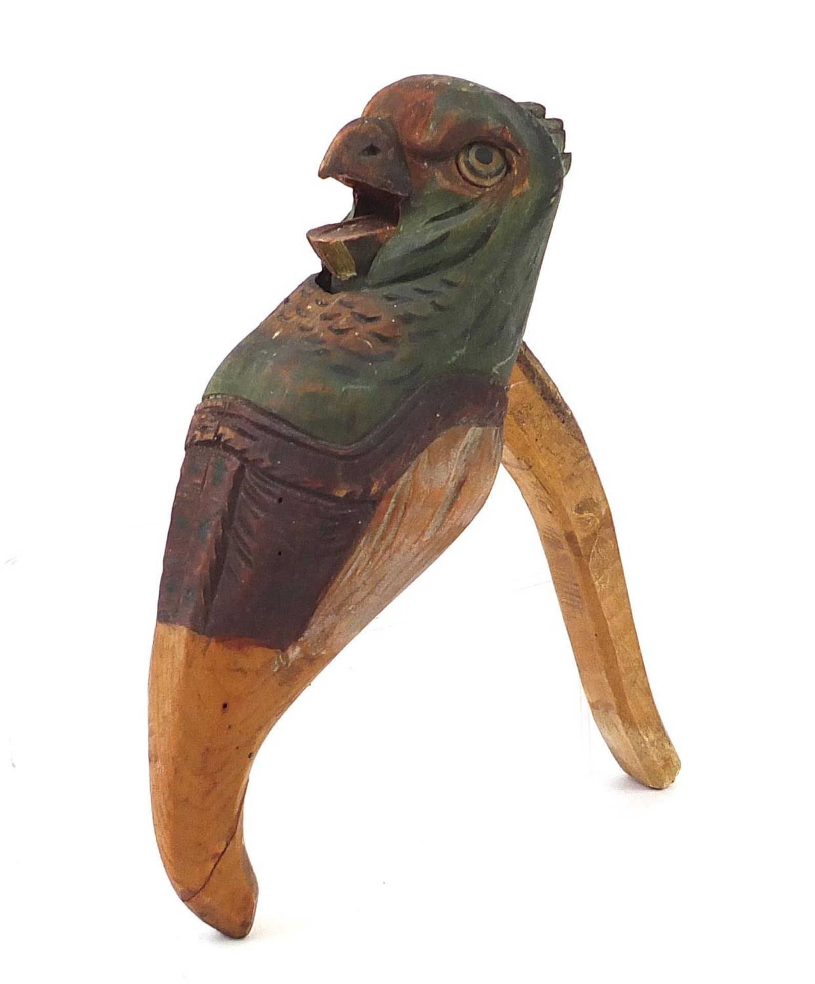 Pair Black Forest carved wood nutcrackers in the form of a parrot, 18.5cm high :