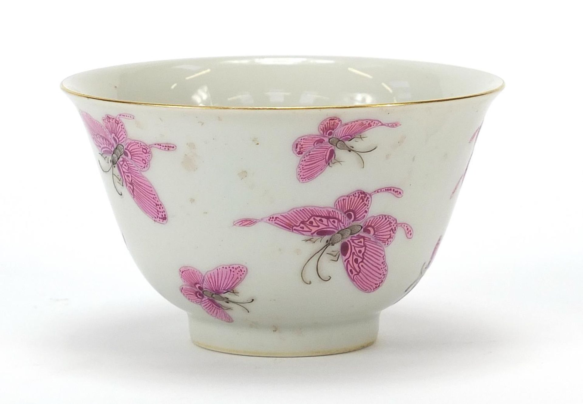 Good Chinese porcelain bowl finely hand painted in pink with butterflies, six figure character marks - Image 2 of 8