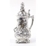 Large classical silver plated stein decorated in relief with a maiden and Putti, 42cm high :