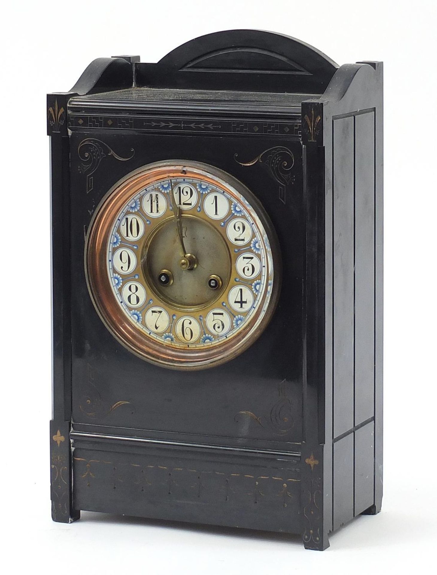 Victorian aesthetic black slate mantle clock with Arabic numerals, 42cm high :