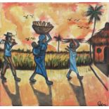 Mother with child and two others entering a village, African school oil on canvas, mounted and