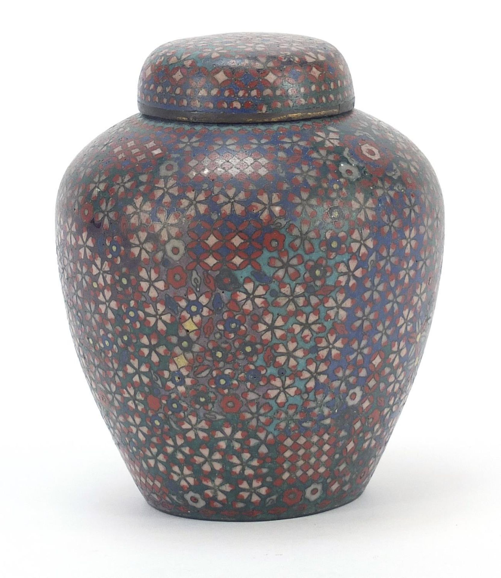 Japanese cloisonné tea caddy with cover enamelled with flowers, 11cm high : - Image 2 of 4