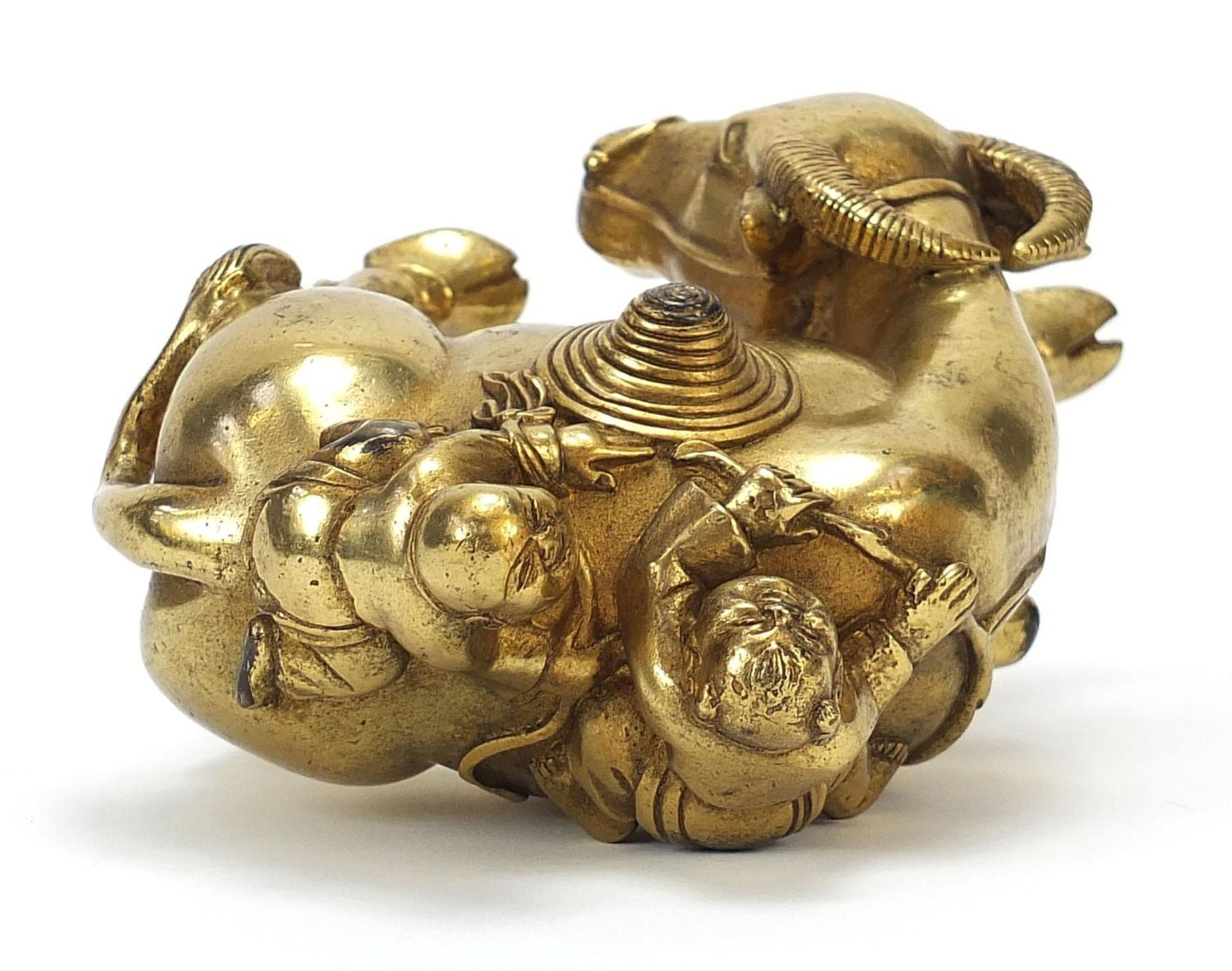 Chinese gilt bronze figure of two boys on a water buffalo, 14cm high : - Image 5 of 6