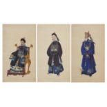Emperor and attendants, set of three Chinese watercolours on pith paper, framed and glazed, each