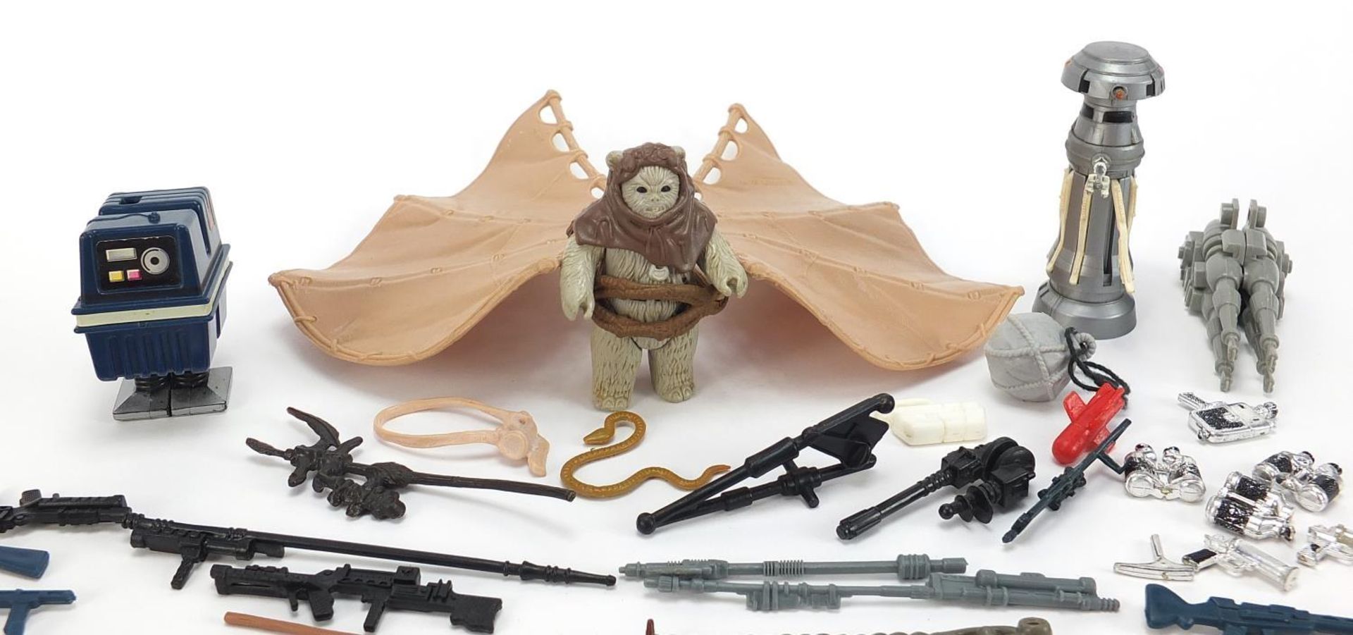 Collection of vintage Star Wars action figure accessories including guns and Ewok glider action - Image 2 of 4