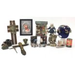 Sundry items including two corpus Christi, silvered model of Buddha, fishing supplies diorama and