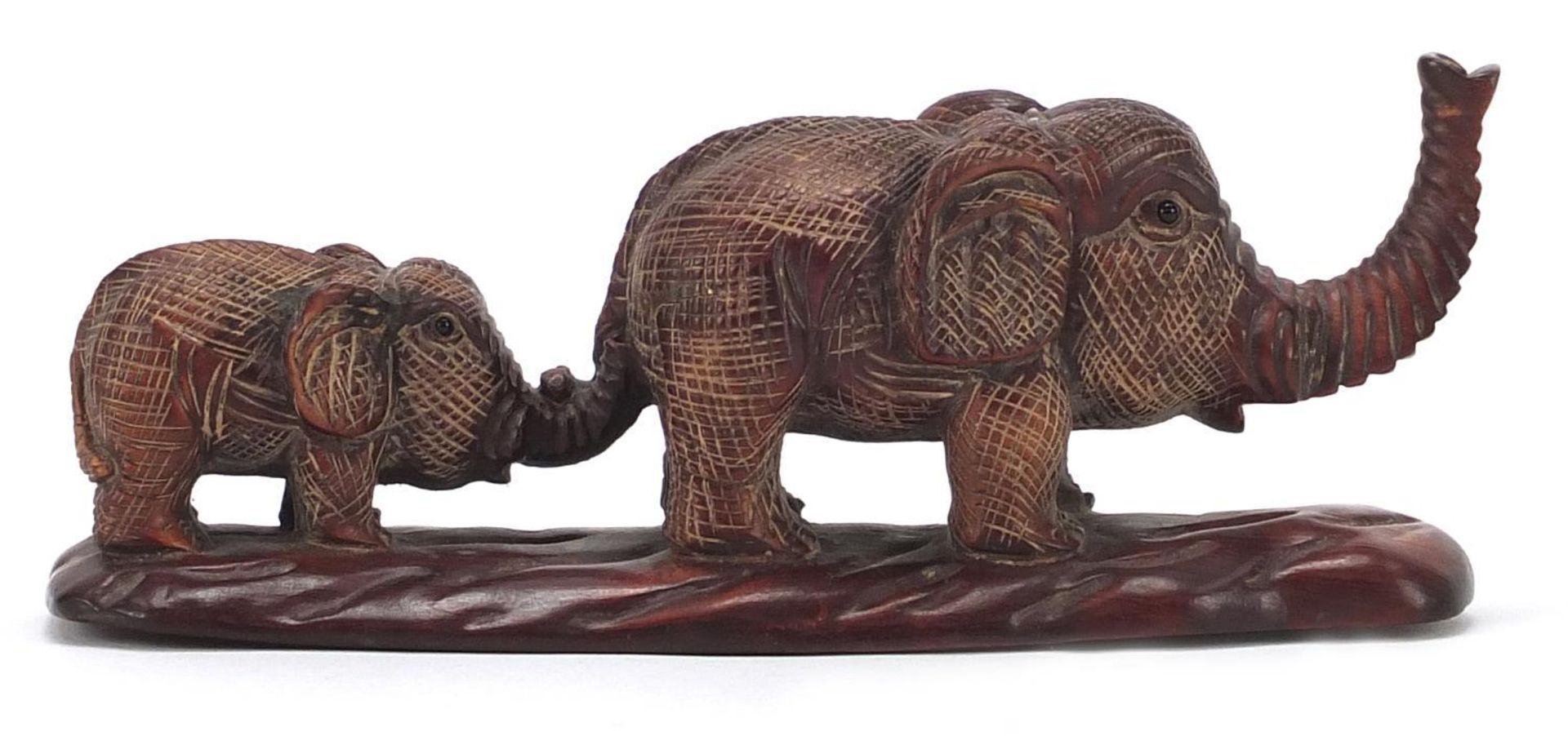 Japanese carved wood okimono of two elephants, inset mother of pearl plaque with character marks - Image 5 of 9