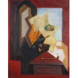 Surreal composition with a guitar, Cubist school oil on board, framed, 49.5cm x 39.5cm excluding the