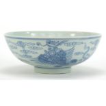 Good Chinese blue and white porcelain bowl hand painted with phoenixes amongst clouds, six figure