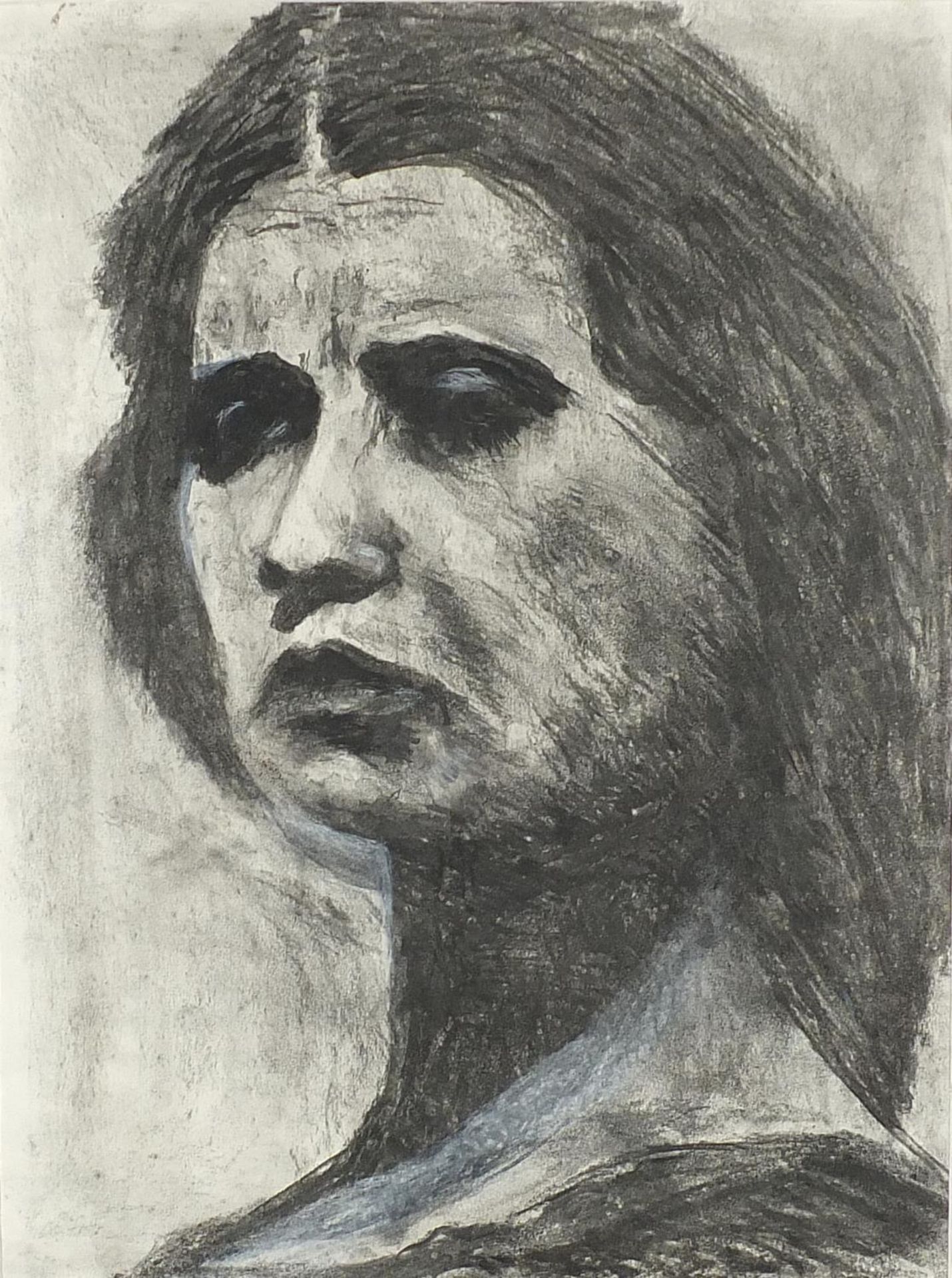 Head and shoulders portrait of a female, London school charcoal heightened with white, mounted, - Image 2 of 3
