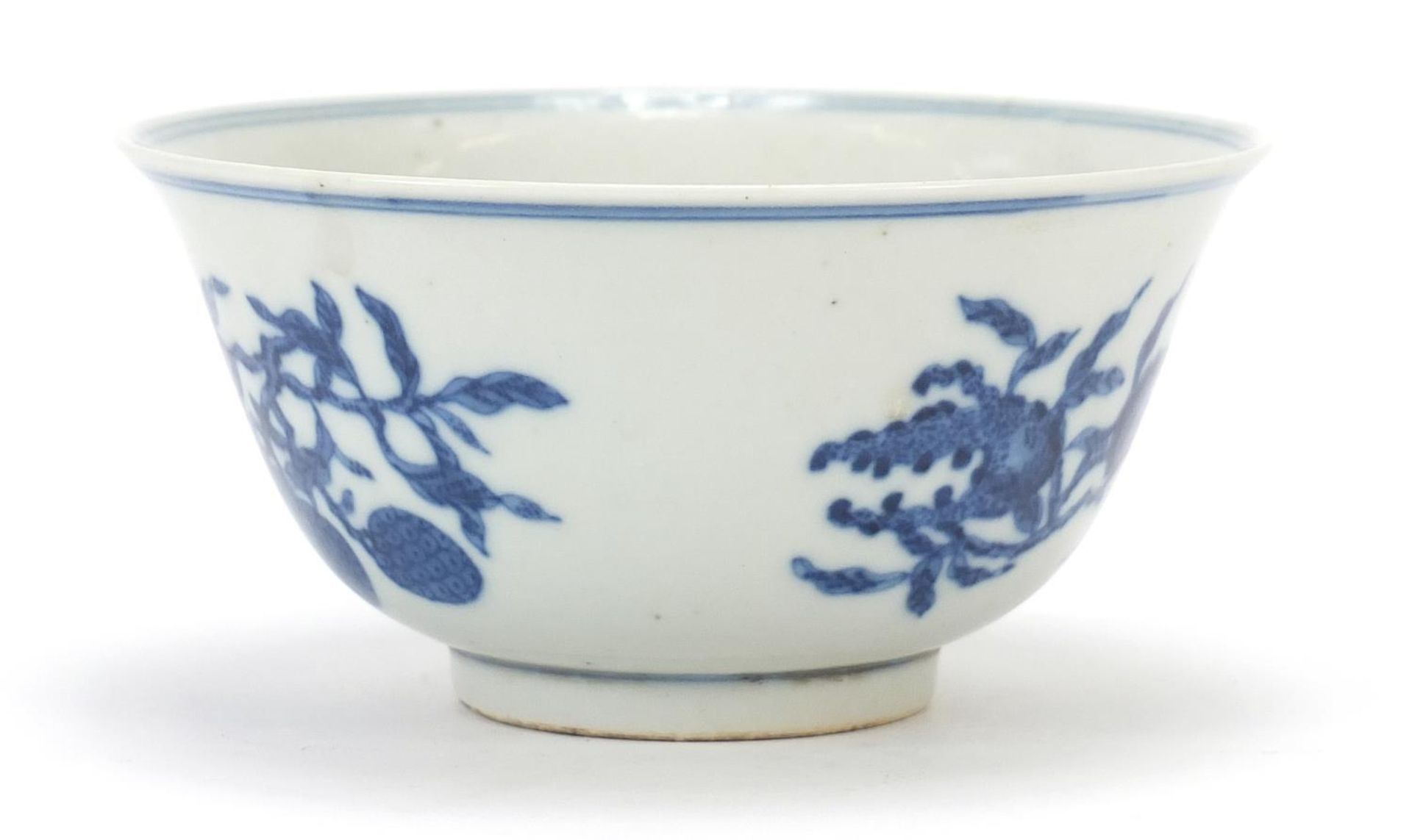Chinese blue and white porcelain bowl hand painted with fruit, four figure character marks to the - Image 4 of 8