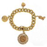 Continental 18ct gold bracelet, probably French with a selection of gold charms including a seated