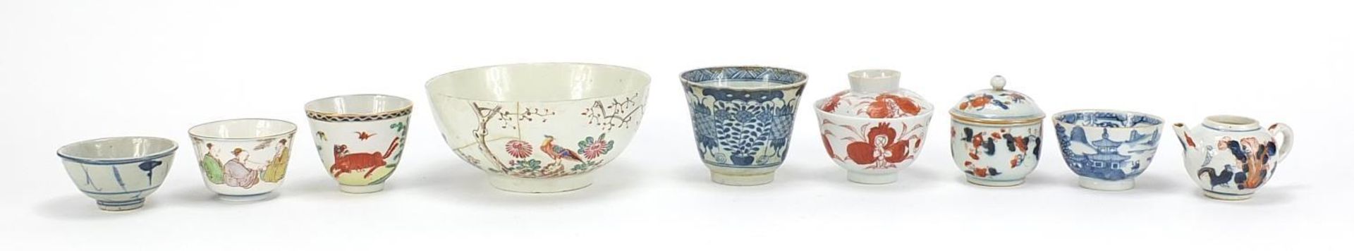 Chinese and European ceramics including tea bowls and Imari palette teapot, the largest 15.5cm in