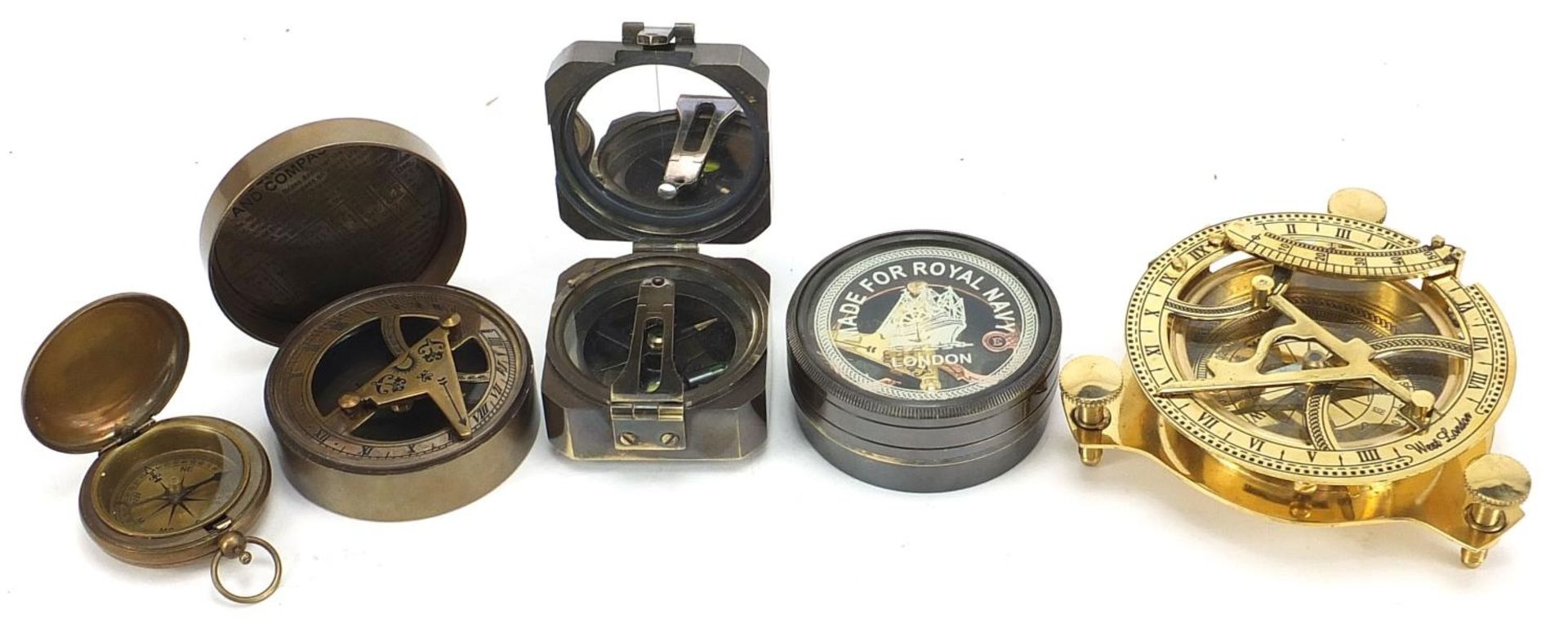 Five marine interest instruments including sextant and compasses, the largest 11cm wide :For Further