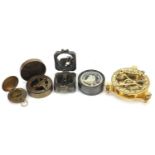 Five marine interest instruments including sextant and compasses, the largest 11cm wide :For Further