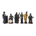 Six piece hand painted porcelain jazz band figure group, the largest 35cm high :For Further