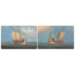 Chinese junks, pair of oil on cards, inscribed verso, unframed, each 16.5cm x 11cm :For Further