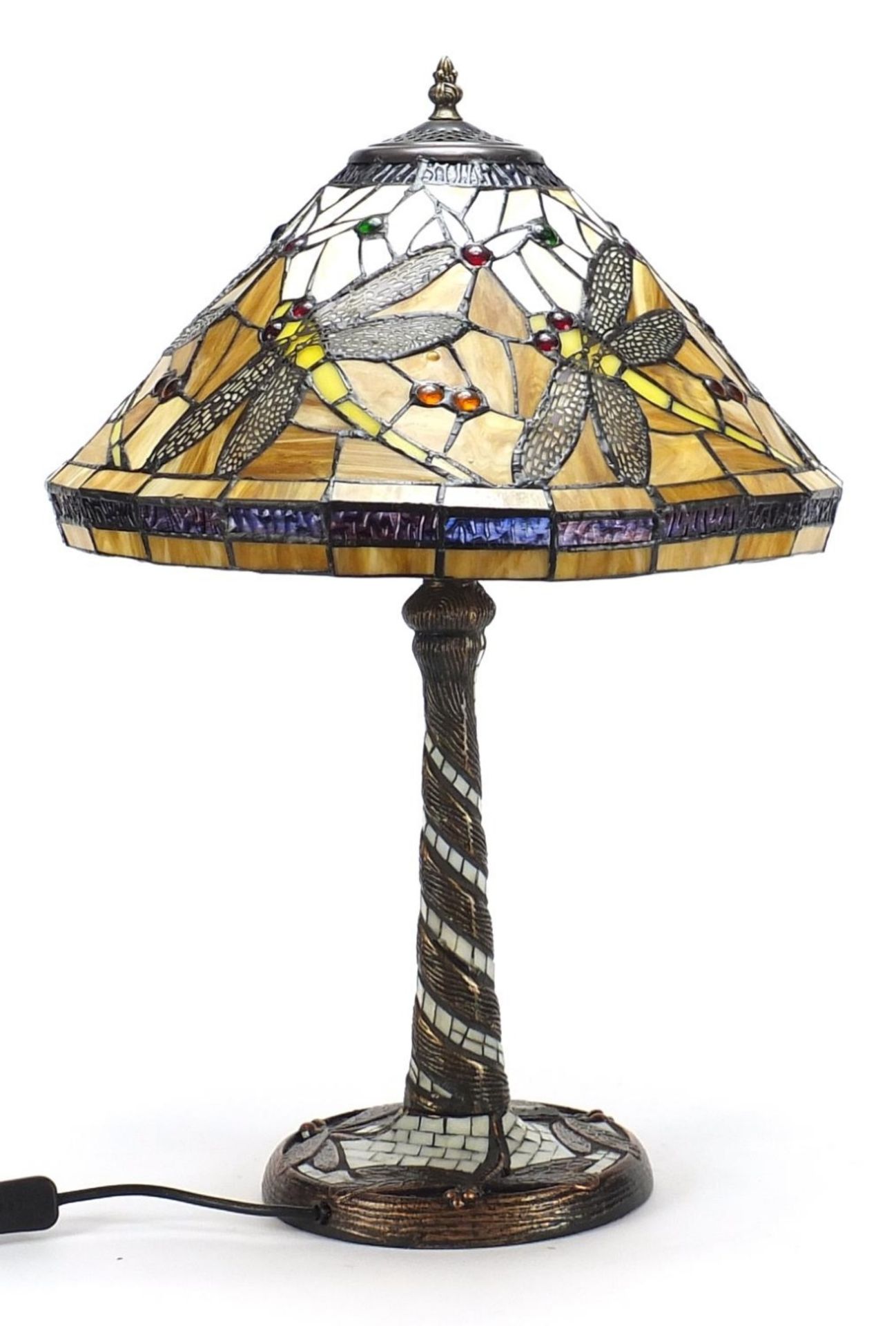 Bronzed Tiffany design leaded glass table lamp and shade decorated with dragonflies, 58cm high : - Image 3 of 3