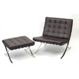 Chrome Barcelona chair and footstool with lift off cushions designed by Ludwig Mies Van Der Rohe and