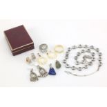 Antique and later jewellery including a pair of gold mounted ivory earrings, silver coloured metal
