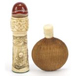 Chinese carved bone container and straw work snuff bottle, the largest 10.5cm high :For Further