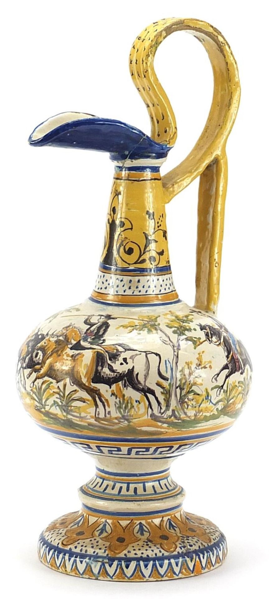 Antique Italian Maiolica pottery ewer hand painted with huntsmen on horseback, 46cm high :For