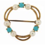Unmarked gold turquoise and seed pearl brooch, 2.2cm in diameter, 2.4g :For Further Condition