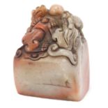 Chinese soapstone seal carved with dragons, character marks to the base, 6.5cm high :For Further
