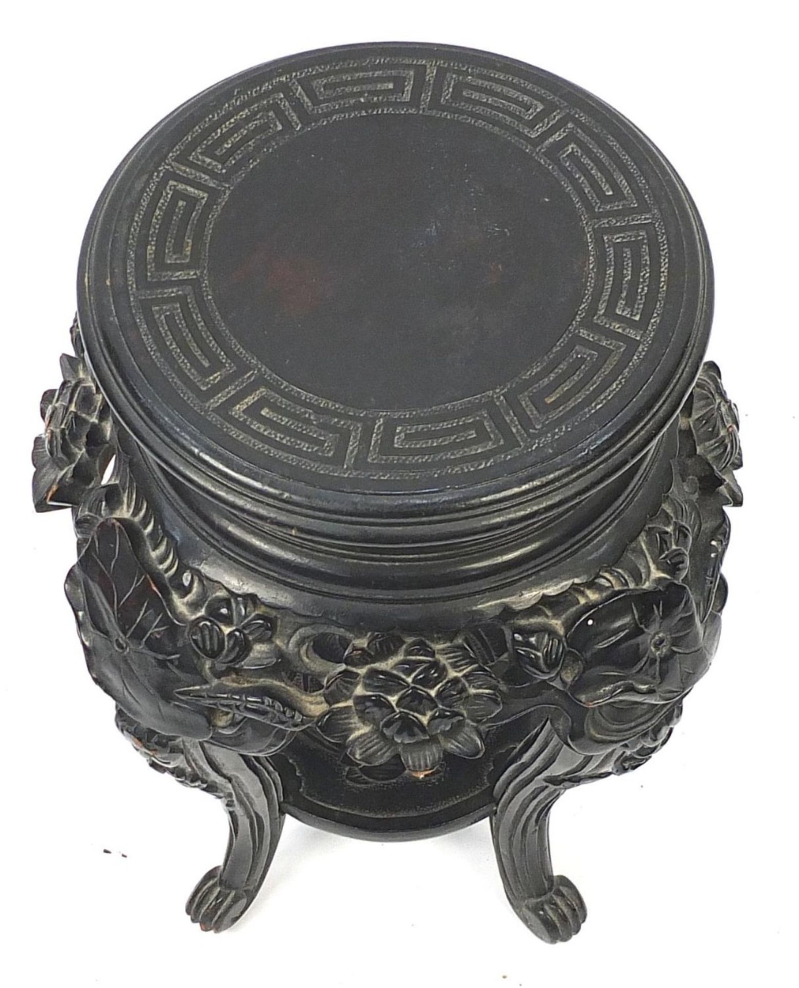 Chinese hardwood stand with under tier carved with flowers, 50cm high x 30cm in diameter :For - Image 2 of 3