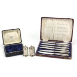 Pearce & Sons, pair of casters and a set of six silver handled butter knives, each with fitted