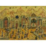 Figures praying, Islamic watercolour and mixed media housed in a Vizagapatam style frame, overall