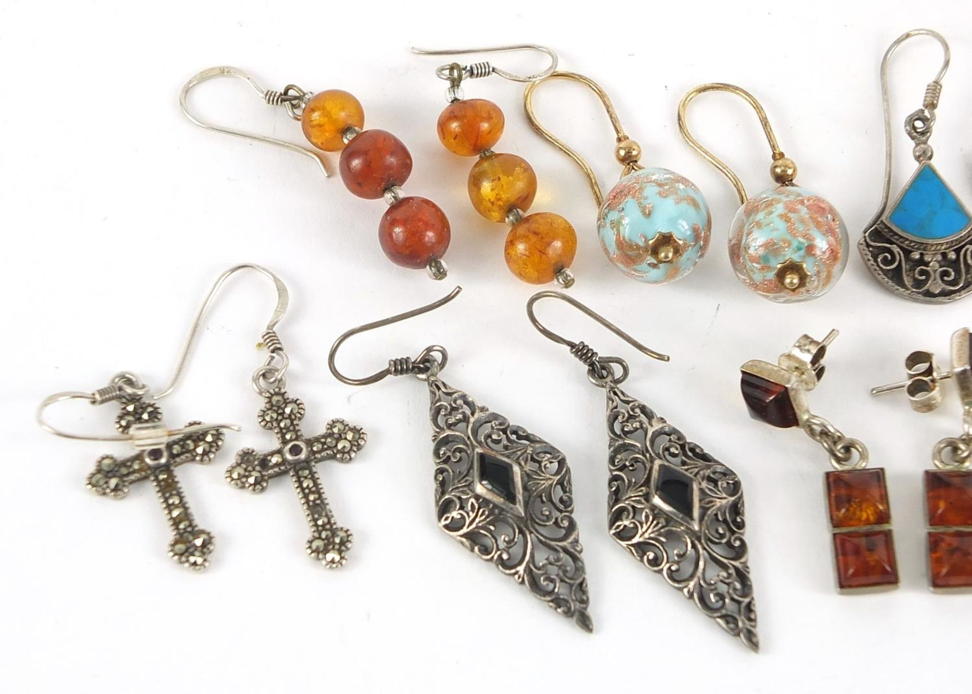 Ten pairs of earrings, some silver, set with semi precious stones including amber, moonstone and - Image 2 of 5