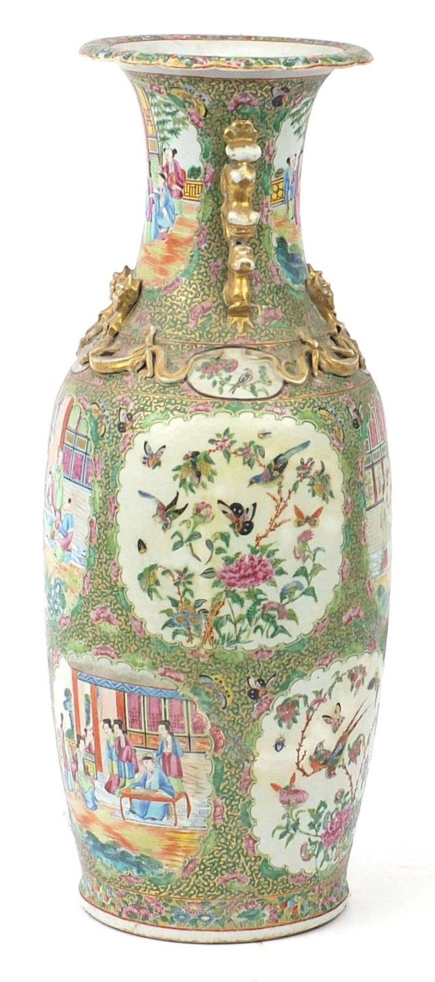 Large Chinese Canton porcelain vase with twin handles finely hand painted in the famille rose - Bild 7 aus 10
