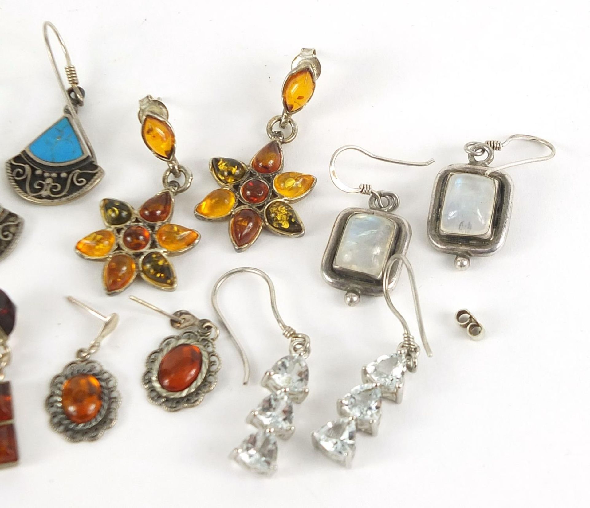 Ten pairs of earrings, some silver, set with semi precious stones including amber, moonstone and - Image 4 of 5