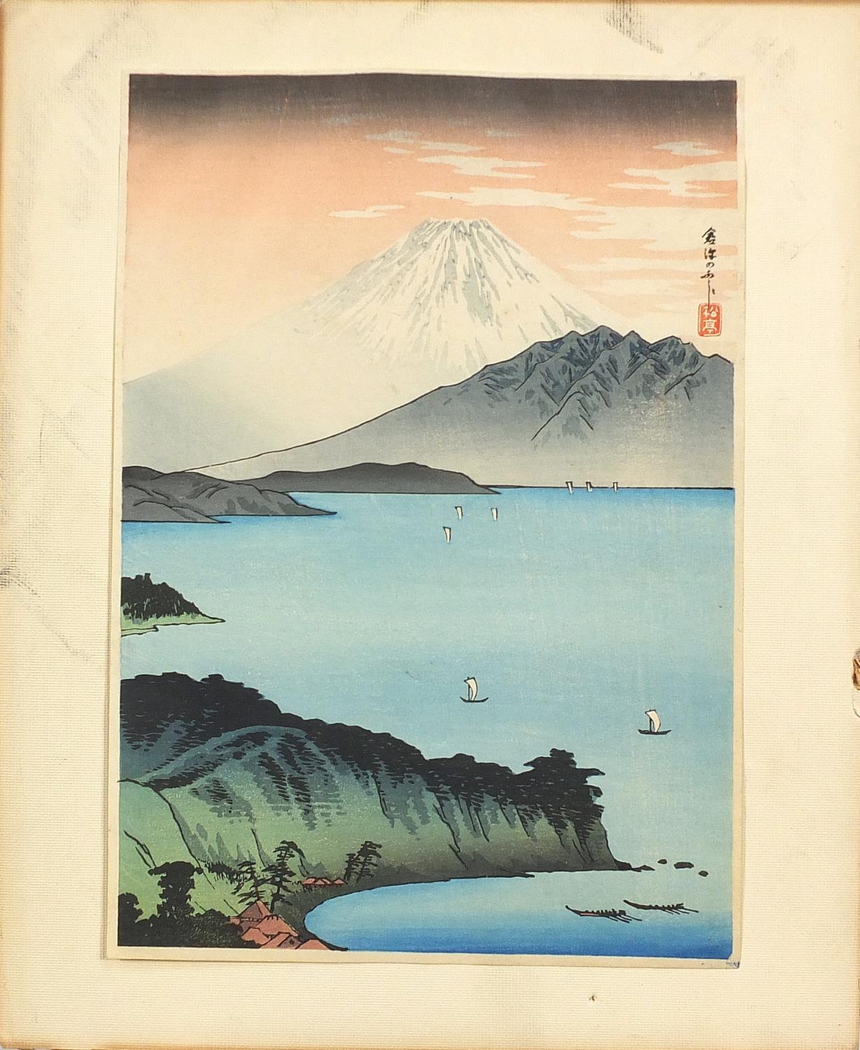 Seven Japanese prints including birds and figures on a cliff top before crashing waves, unframed, - Image 6 of 22