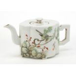 Good Chinese porcelain four footed quatrefoil teapot hand painted in the famille rose palette with a