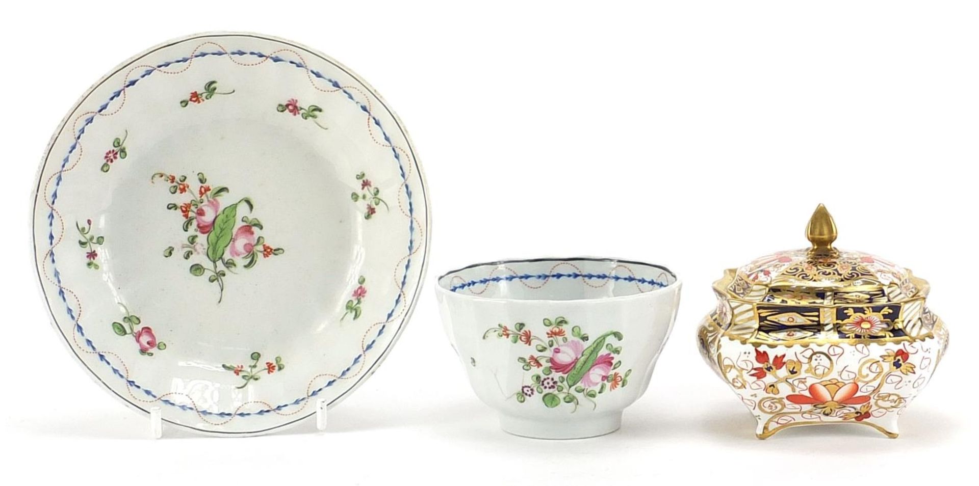 18th century porcelain tea bowl with saucer and a Royal Crown Derby Old Imari pattern trinket box