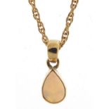 9ct gold opal tear drop pendant on a 9ct gold rope twist necklace, 1.4cm high and 40cm in length,