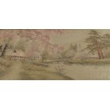 Houses beside a river with blossom trees, Chinese silk embroidery, mounted, framed and glazed, 35.
